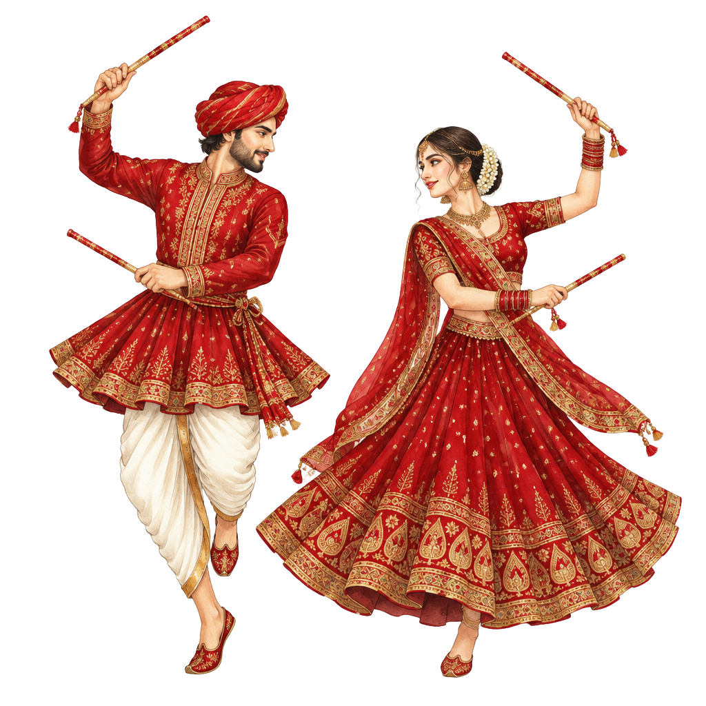 A couple performing Garba with dandiya sticks